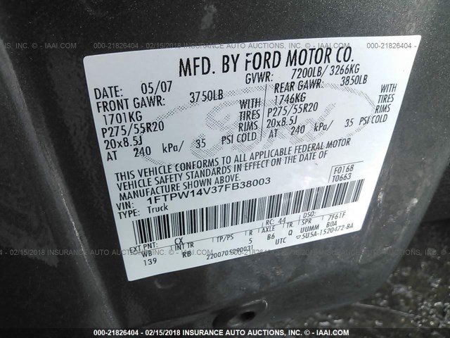 1FTPW14V37FB38003 - 2007 FORD F150 SUPERCREW SILVER photo 9