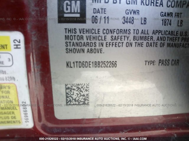 KL1TD6DE1BB252266 - 2011 CHEVROLET AVEO LS/LT BURGUNDY photo 9