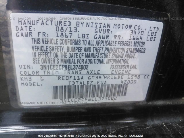 3N1CE2CP8EL374002 - 2014 NISSAN VERSA NOTE S/S PLUS/SV/SL BLACK photo 9