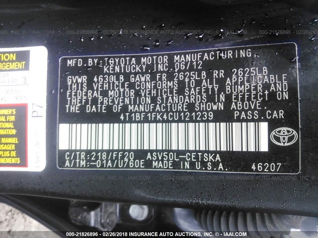 4T1BF1FK4CU121239 - 2012 TOYOTA CAMRY SE/LE/XLE BLACK photo 9