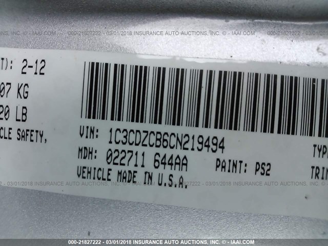 1C3CDZCB6CN219494 - 2012 DODGE AVENGER SXT SILVER photo 9