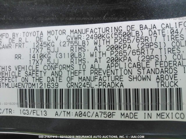 3TMLU4EN7DM121639 - 2013 TOYOTA TACOMA DOUBLE CAB ნაცრისფერი ფოტო 9