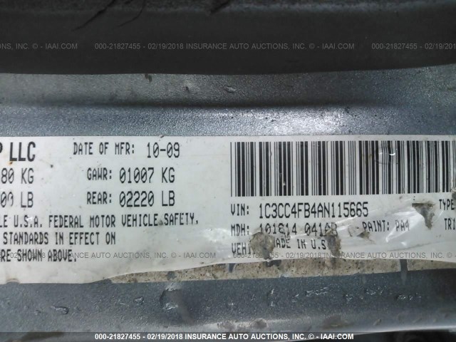 1C3CC4FB4AN115665 - 2010 CHRYSLER SEBRING TOURING GRAY photo 9