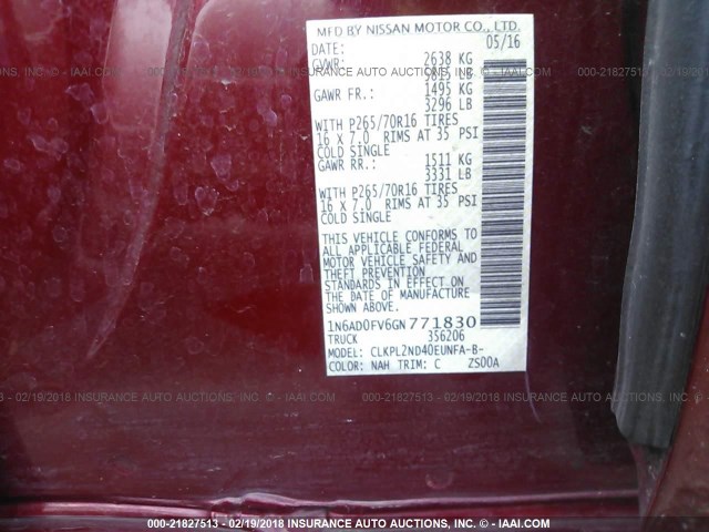 1N6AD0FV6GN771830 - 2016 NISSAN FRONTIER SV/SL BURGUNDY photo 9