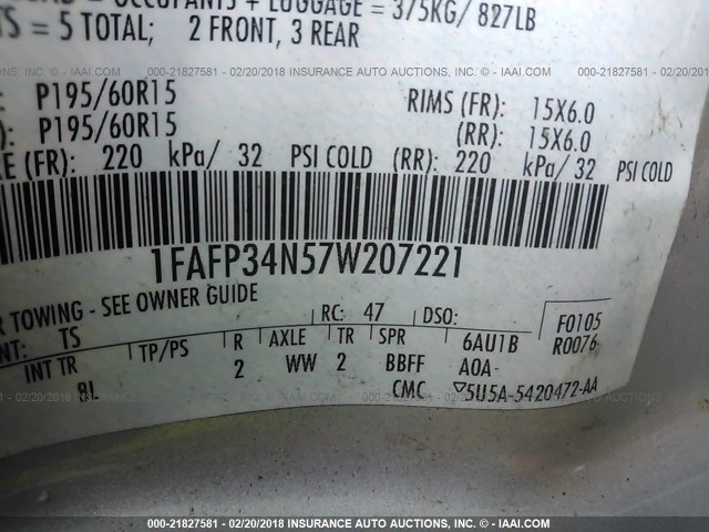 1FAFP34N57W207221 - 2007 FORD FOCUS ZX4/S/SE/SES 银色 照片 9