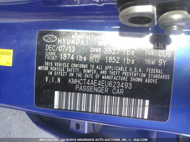 KMHCT4AE4EU623493 - 2014 HYUNDAI ACCENT GLS/GS BLUE photo 9