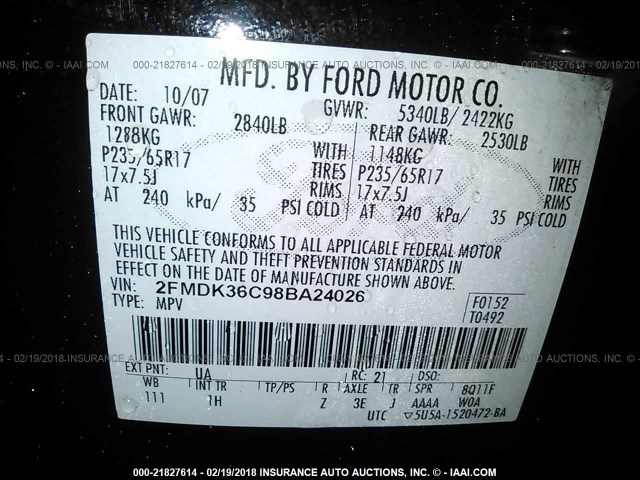 2FMDK36C98BA24026 - 2008 FORD EDGE SE BLACK photo 9