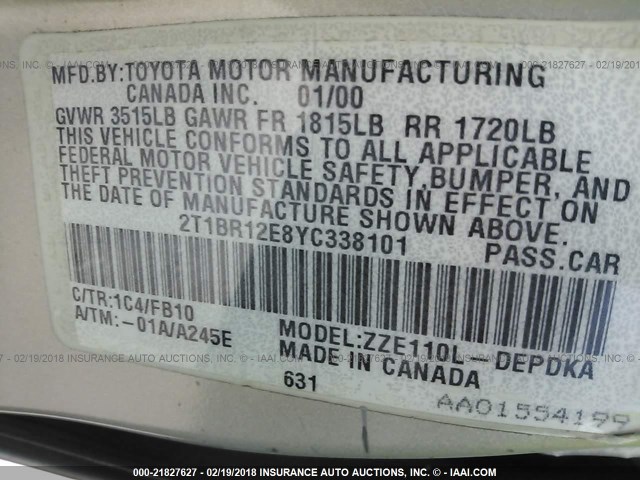 2T1BR12E8YC338101 - 2000 TOYOTA COROLLA VE/CE/LE 银色 照片 9