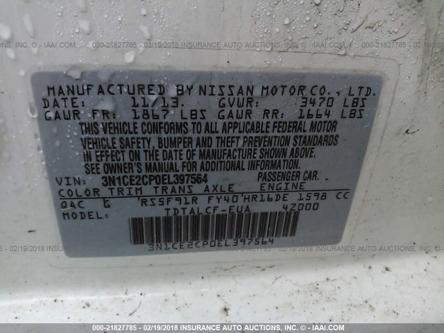 3N1CE2CP0EL397564 - 2014 NISSAN VERSA NOTE S/S PLUS/SV/SL WHITE photo 9