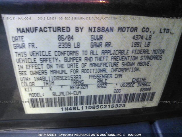 1N4BL11D85C215323 - 2005 NISSAN ALTIMA SE/SL/SE-R GRAY photo 9