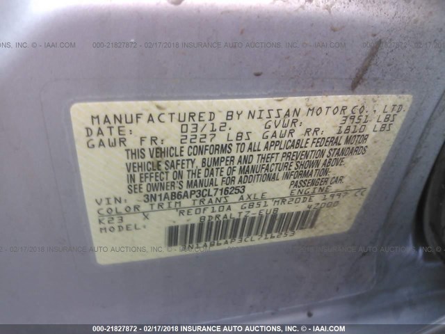 3N1AB6AP3CL716253 - 2012 NISSAN SENTRA 2.0/2.0S/SR/2.0SL SILVER photo 9