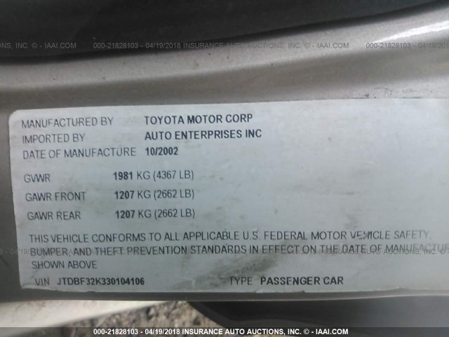 JTDBF32K330104106 - 2003 TOYOTA CAMRY LE/XLE Gold Foto 9
