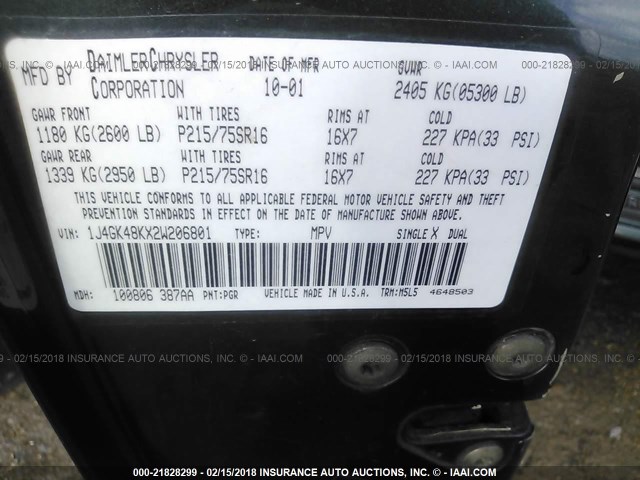 1J4GK48KX2W206801 - 2002 JEEP LIBERTY SPORT 绿色 照片 9