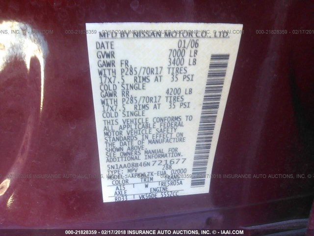 5N1AA08B46N721677 - 2006 NISSAN ARMADA SE/LE MAROON photo 9