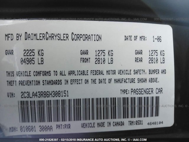 2C3LA43R86H308151 - 2006 CHRYSLER 300 BLACK photo 9
