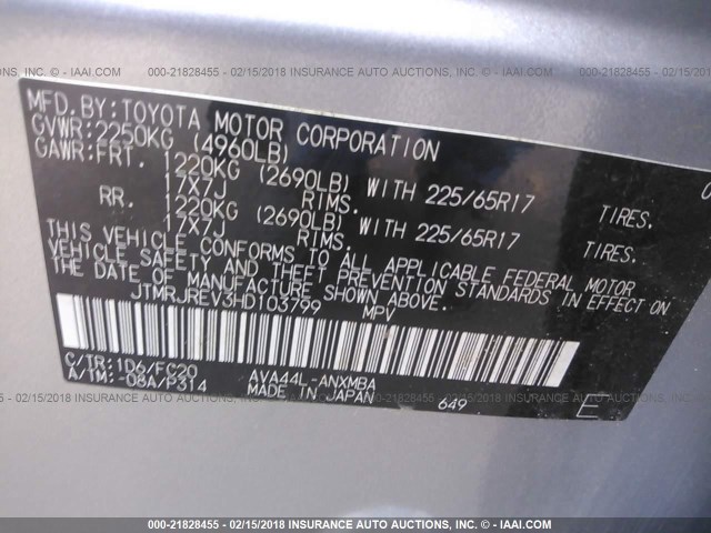 JTMRJREV3HD103799 - 2017 TOYOTA RAV4 HV LE/XLE SILVER photo 9