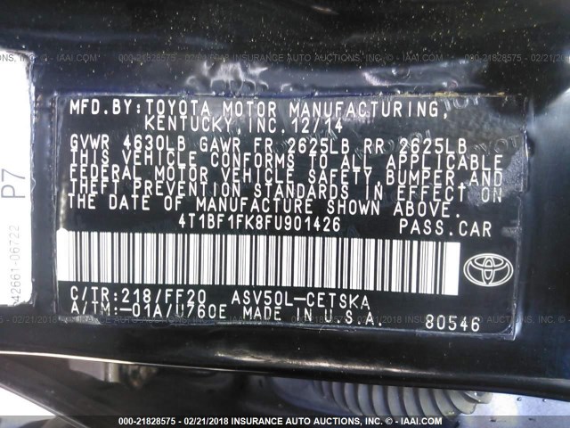 4T1BF1FK8FU901426 - 2015 TOYOTA CAMRY LE/XLE/SE/XSE BLACK photo 9