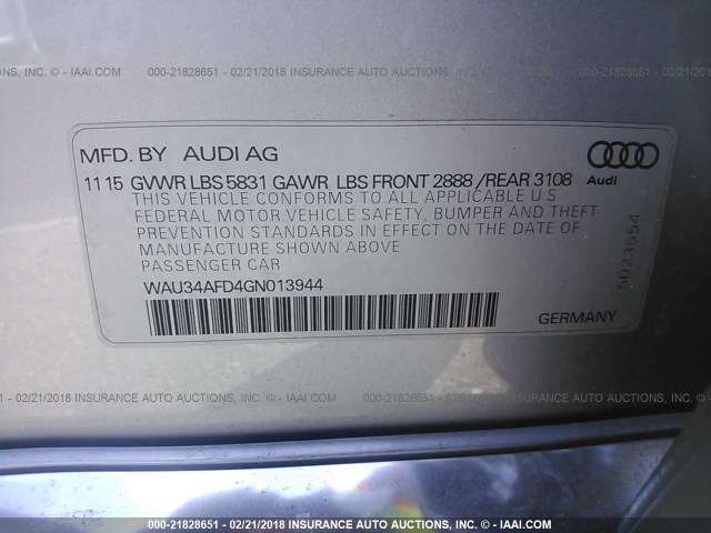 WAU34AFD4GN013944 - 2016 AUDI A8 L QUATTRO SILVER photo 9