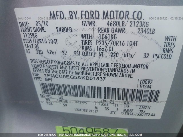 1FMCU9EG5AKD01537 - 2010 FORD ESCAPE LIMITED SILVER photo 9