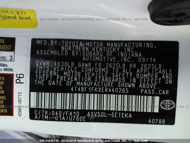 4T4BF1FKXER440265 - 2014 TOYOTA CAMRY L/SE/LE/XLE 白色 照片 9