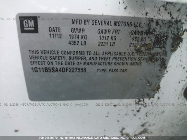 1G11B5SA4DF227558 - 2013 CHEVROLET MALIBU LS თეთრი ფოტო 9