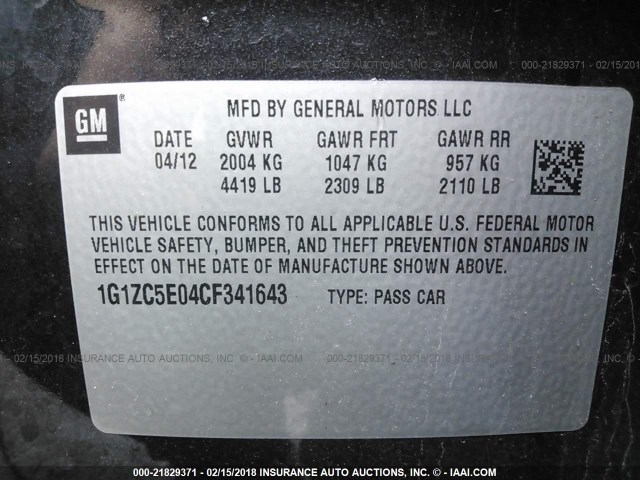 1G1ZC5E04CF341643 - 2012 CHEVROLET MALIBU 1LT 黑色 照片 9