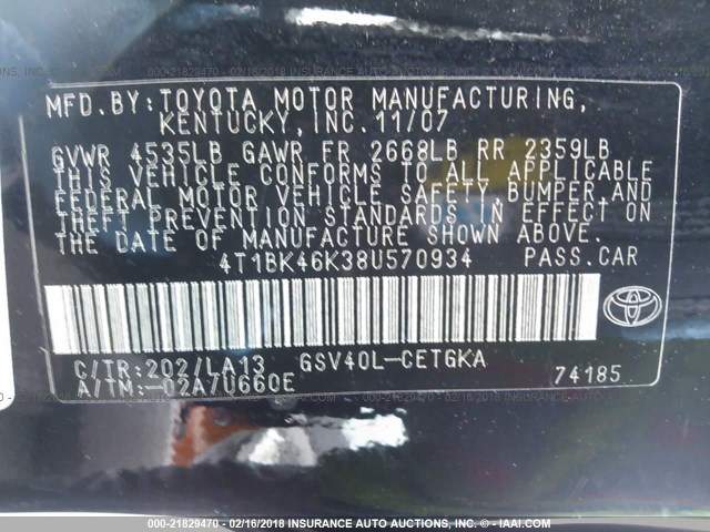 4T1BK46K38U570934 - 2008 TOYOTA CAMRY LE/XLE/SE BLACK photo 9