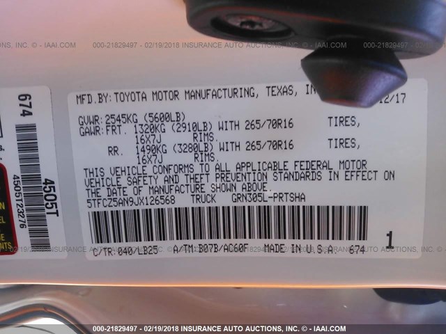 5TFCZ5AN9JX126568 - 2018 TOYOTA TACOMA DBL CAB/SR/TRDSPT/OR/PRO თეთრი ფოტო 9