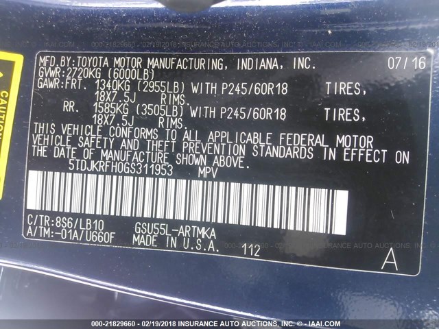 5TDJKRFH0GS311953 - 2016 TOYOTA HIGHLANDER XLE მუქი ლურჯი ფოტო 9