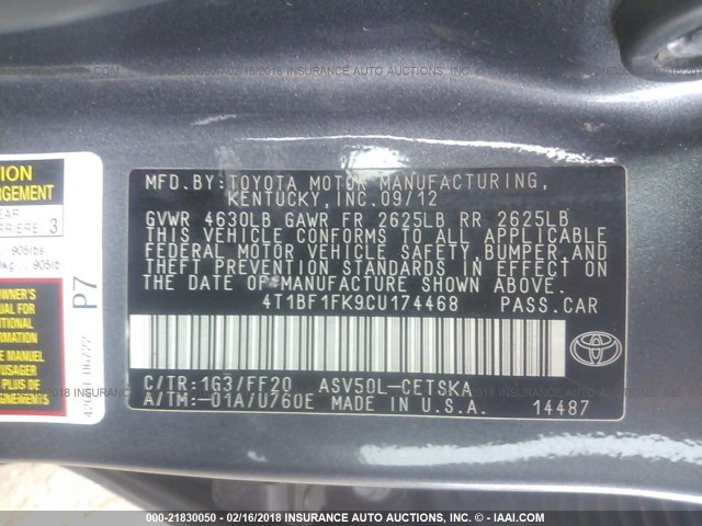 4T1BF1FK9CU174468 - 2012 TOYOTA CAMRY SE/LE/XLE GRAY photo 9
