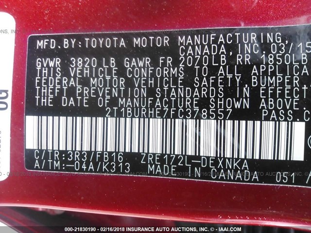 2T1BURHE7FC378557 - 2015 TOYOTA COROLLA L/LE/LE PLS/PRM/S/S PLS RED photo 9