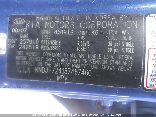 KNDJF724187467460 - 2008 KIA SPORTAGE LX BLUE photo 9