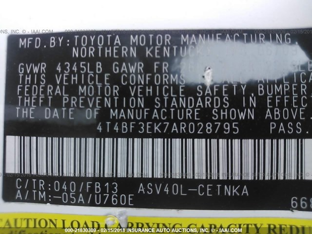 4T4BF3EK7AR028795 - 2010 TOYOTA CAMRY SE/LE/XLE WHITE photo 9