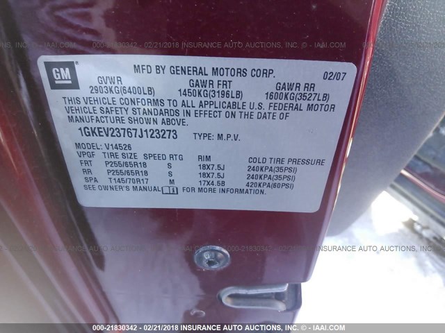 1GKEV23767J123273 - 2007 GMC ACADIA SLT-1 Червоний фото 9