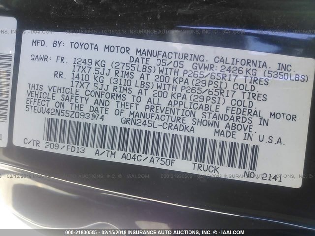 5TEUU42N55Z093174 - 2005 TOYOTA TACOMA ACCESS CAB BLACK photo 9