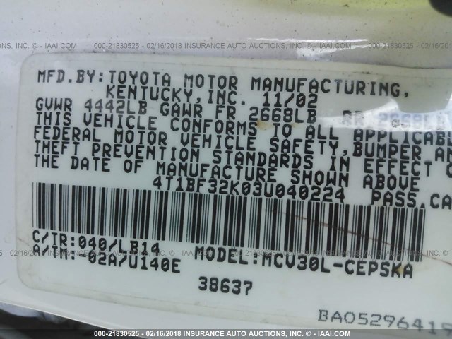 4T1BF32K03U040224 - 2003 TOYOTA CAMRY LE/XLE/SE თეთრი ფოტო 9
