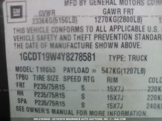 1GCDT19W4Y8278581 - 2000 CHEVROLET S TRUCK S10 BLACK photo 9