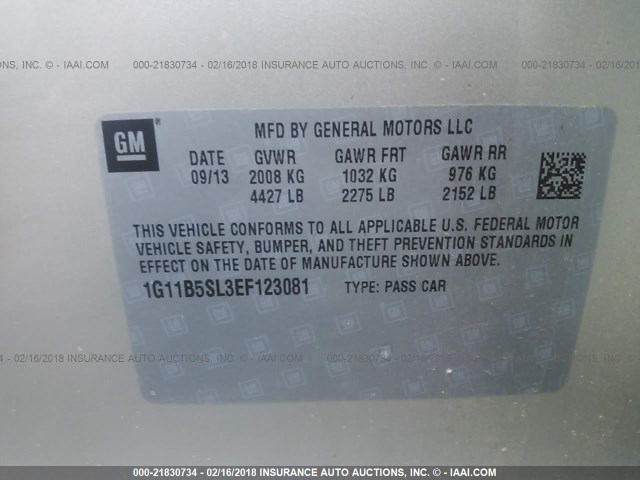 1G11B5SL3EF123081 - 2014 CHEVROLET MALIBU LS 金色 照片 9