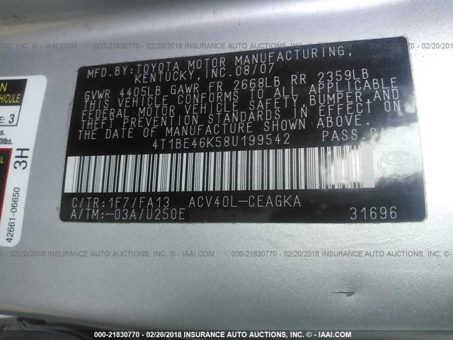 4T1BE46K58U199542 - 2008 TOYOTA CAMRY CE/LE/XLE/SE SILVER photo 9