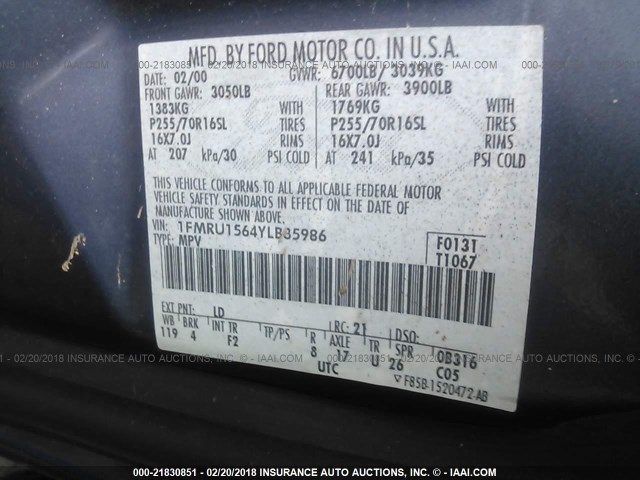 1FMRU1564YLB35986 - 2000 FORD EXPEDITION XLT 蓝色 照片 9