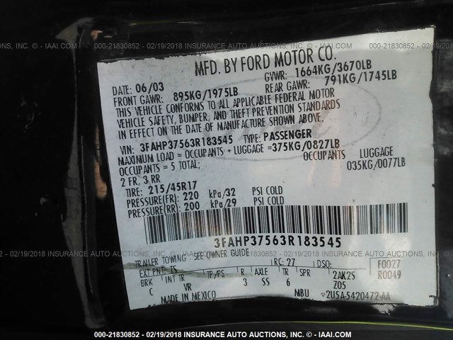 3FAHP37563R183545 - 2003 FORD FOCUS ZX5 BLACK photo 9