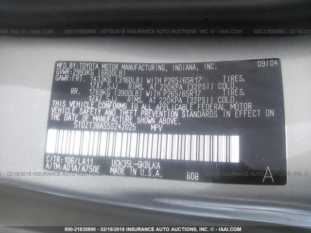 5TDZT38A55S242025 - 2005 TOYOTA SEQUOIA LIMITED SILVER photo 9