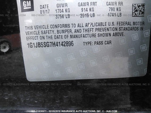 1G1JB5SG7H4142896 - 2017 CHEVROLET SONIC LS 黑色 照片 9