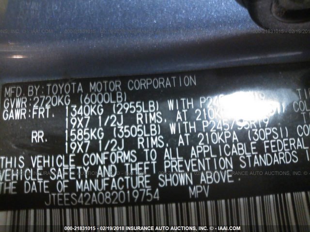 JTEES42A082019754 - 2008 TOYOTA HIGHLANDER LIMITED BLUE photo 9