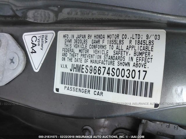 JHMES96674S003017 - 2004 HONDA CIVIC HYBRID GRAY photo 9