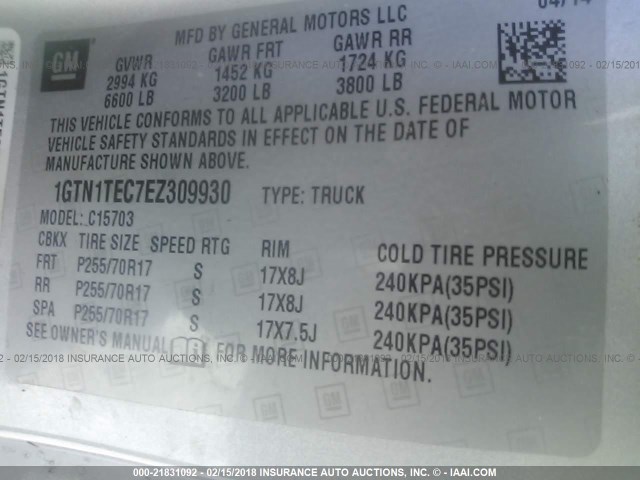 1GTN1TEC7EZ309930 - 2014 GMC SIERRA C1500 SILVER photo 9