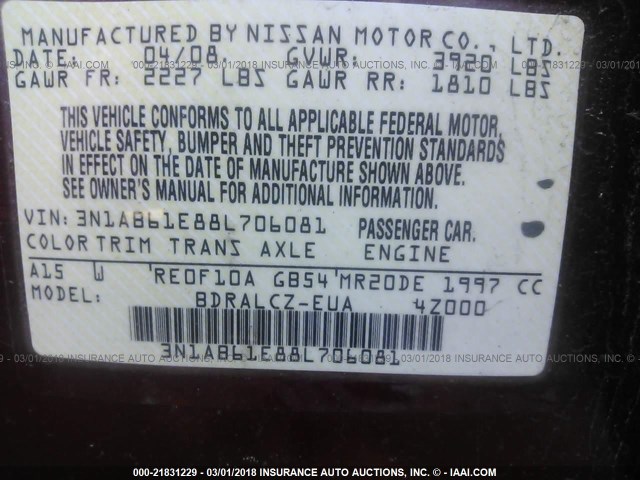 3N1AB61E88L706081 - 2008 NISSAN SENTRA 2.0/2.0S/2.0SL RED photo 9