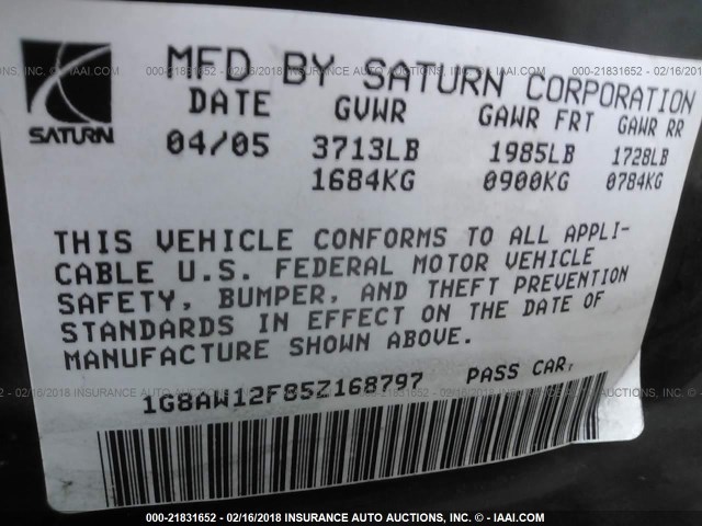 1G8AW12F85Z168797 - 2005 SATURN ION LEVEL 3 GREEN photo 9