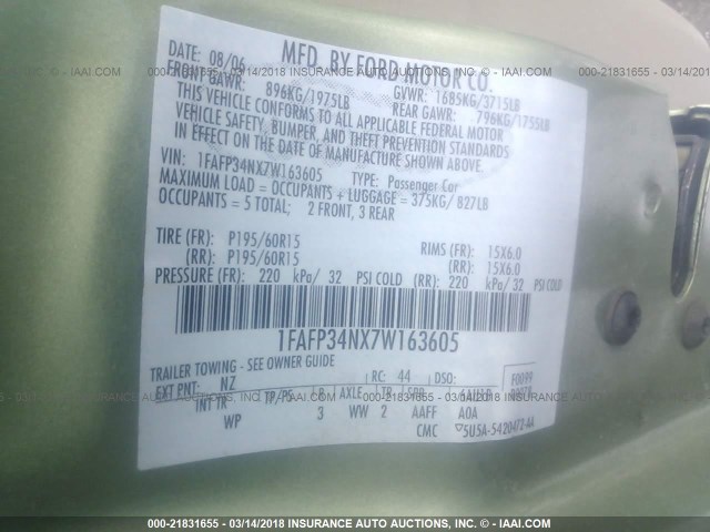 1FAFP34NX7W163605 - 2007 FORD FOCUS ZX4/S/SE/SES 绿色 照片 9