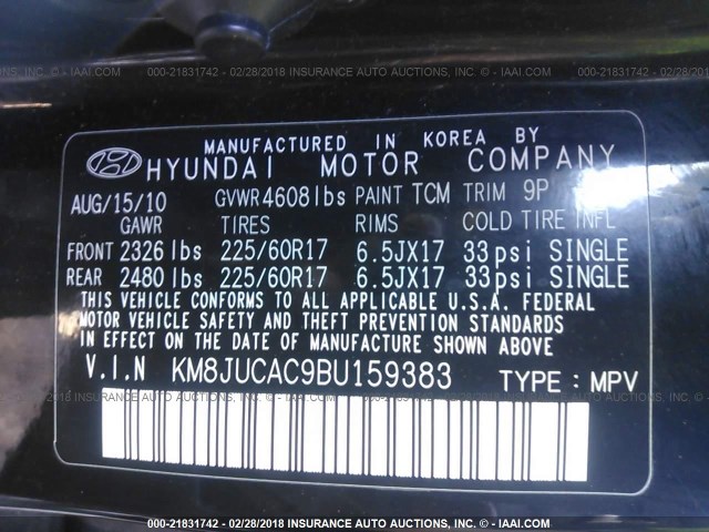 KM8JUCAC9BU159383 - 2011 HYUNDAI TUCSON GLS/LIMITED BLACK photo 9